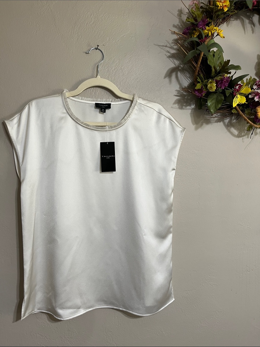 Tahari White Satin Cap Sleeve Shell with Metallic Trim